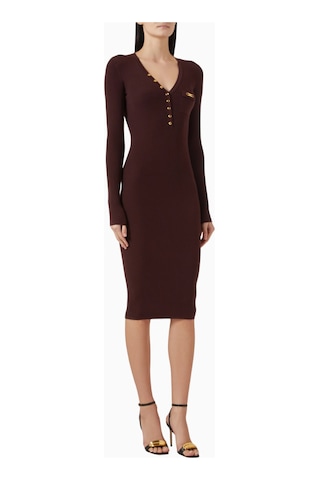 Elisabetta Franchi Ribbed Midi Triko Elbise, Lüks Günlük Şıklık Bordo