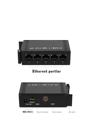 Gigabit Endüstriyel 5 Port Ethernet Switch - Dın Ray Montajlı