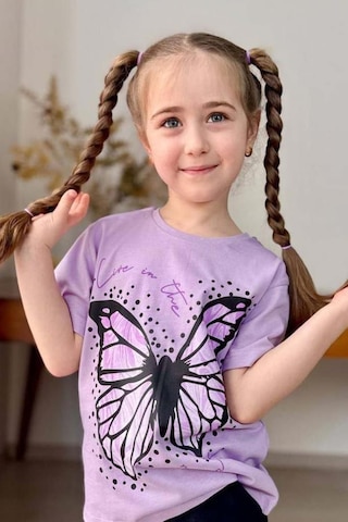 Riccotarz Kız Çocuk Kara Kalem Kelebek Baskılı Penye Lila T-shirt Şortlu Takım Lila