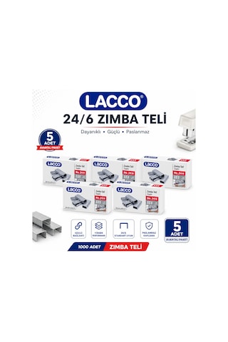 Lacco 24/6 Zımba Teli 5'li Paket 1000'lik Güçlü Dayanıklı Paslanmaz Ofis Okul Zımba Teli