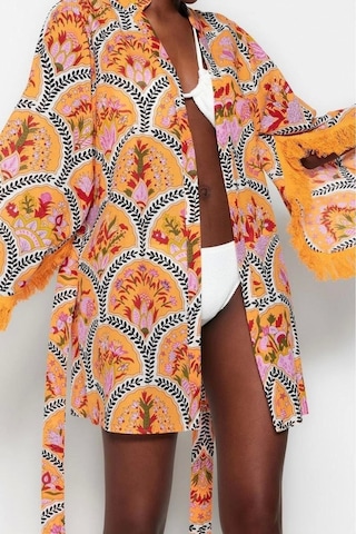 Ersefa Moda Dokuma Regular Kalıp Crop V Yaka İspanyol Kol Vual Basic Çiç Turuncu