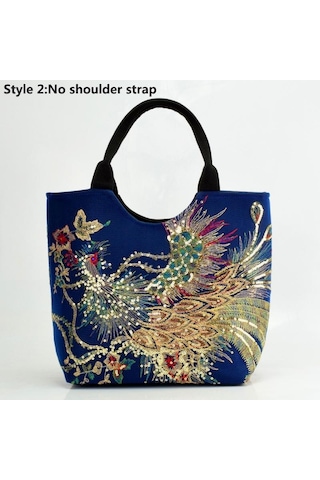 Parlak Payetler Tavuskuşu İşlemeli Kadın Kanvas Tote Çanta, Yaz Alışveriş Omuz Çantası Vintage Boncuklu İpli El Çantası Basit,normal Blue3 Çok Renkli