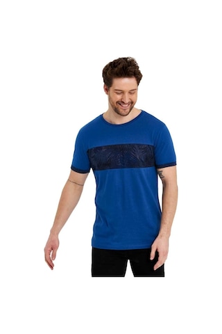Bisiklet Yaka Kısa Kollu Desenli Penye Erkek Tshirt İndigo
