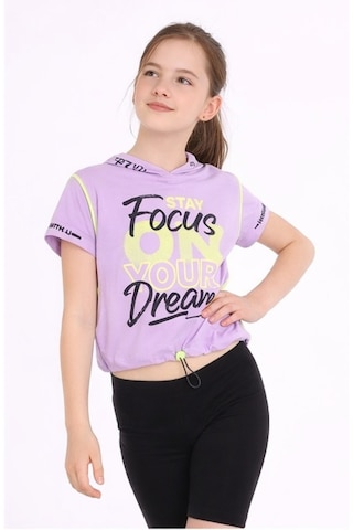 İrem Çocuk Giyim Kız Çocuk Focus Yazı Desenli Kapüşonlu Kısa Crop Model Beli Lastikli Lila Renk Tişört Lila