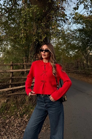 Kırmızı Fiyonk Boncuk Detaylı Hırka - 251072 Kırmızı