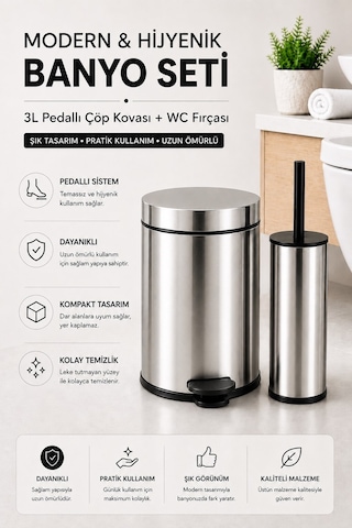 Pedallı 3 Lt Paslanmaz Metal Çöp Kovası ve Tuvalet Fırçası, 2’li Banyo ve WC Seti – Krom