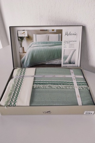 Tivoli Çift Kişilik Dantelli 4 Parça Pike Takımı Çeyizlik-melanie-kapuçino Mınt Mint