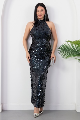 Kalopya Halter Yaka Büyük Pullu Elbise Abiye Ecr6094 Lacivert