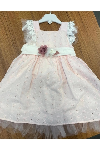 Yazlık Keten Kemerli Çiçek Aksesuarlı Bebe Kız Elbise Pembe