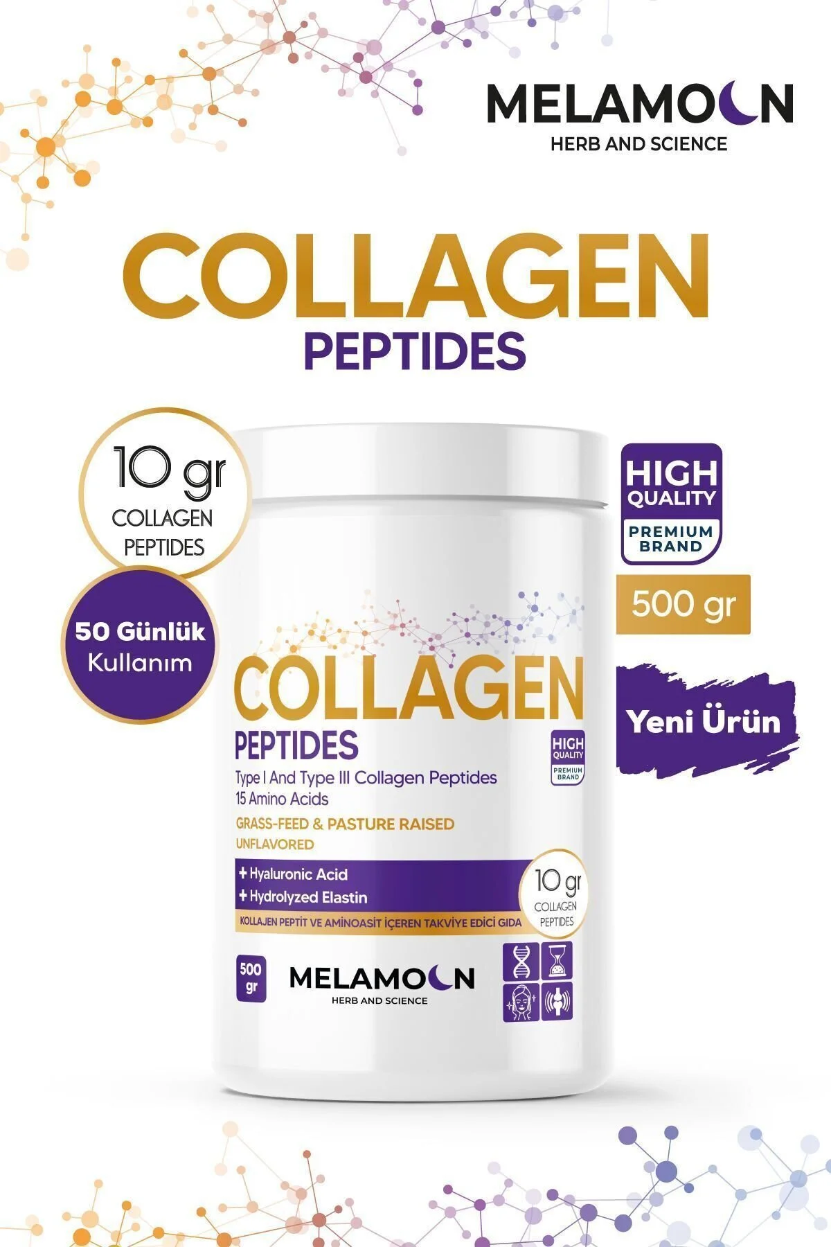 %100 Saf Ve Doğal Kolajen Collagen Peptitler, Hyaluronik Asit Ve Hidrolize Elastin Diyet Takviyesi