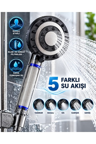 Klor Ve Kireç Filtreli Duş Başlığı 5 Farklı Su Akışı Masaj Etkili Filtreli Duş Başlığı Şeffaf 86932326