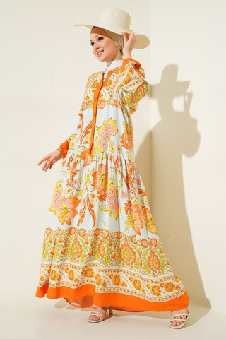 Bigdart 2423 Otantik Desenli Elbise - Y.Turuncu