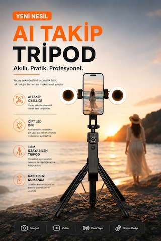Yapay Zeka Yüz Takipli 1.8mt Ai Çift Işıklı Sarsıntı Önleyici Telefon Tutucu Uzatılabilir Selfie Çubuğu Tripod