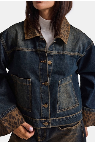 Kadın T.kot Rengi 2w6-8 Oversize Kemer Boy Leopar Detaylı Tasarım Denim Ceket