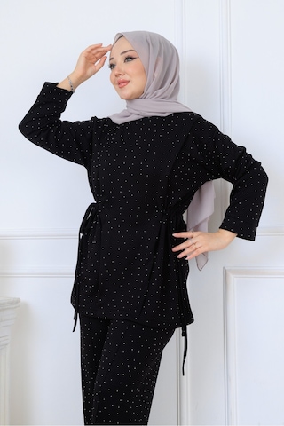 Unika Boutique Kadın Siyah Modal Kumaş Taşlı İkili Takım Tesettür Takım