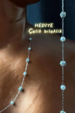 Parlak Taşlı Tasarım Silver Çelik Zincir Kolye Bileklik Hediyeli Glorious Serisi Gümüş - Beyaz