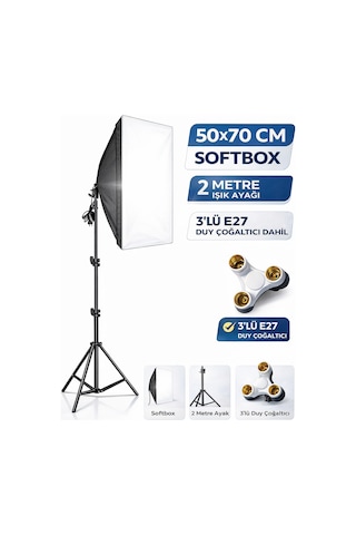 Rabsev Softbox 50x70Cm Sürekli Işık Seti 2 Metre Ayaklı 3'lü E27 Duylu Ürün Fotoğraf Çekim Işığı