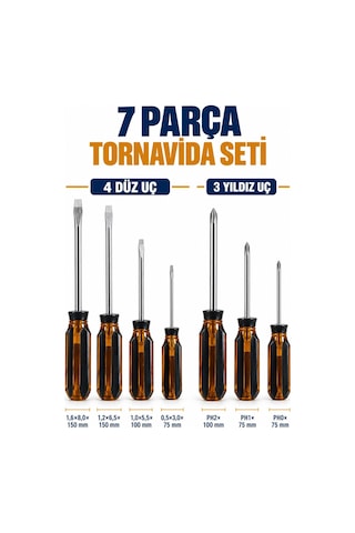 7 Parça Tornavida Seti 4 Düz Ve 3 Yıldız Uçlu Şeffaf Saplı Kutulu Set