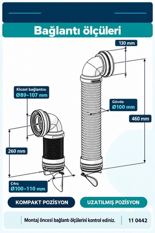 İz Yapı Çekvalfli Dirsekli Körüklü Klozet Gider Borusu 260–460 mm Çelik Telli Kada 11 0442 Beyaz