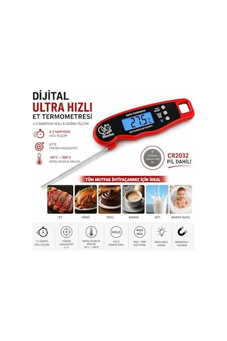 Dijital Hızlı Okunan Mutfak Termometresi - Mıknatıslı, Katlanabilir, Arkadan Aydınlatmalı Ekran, 240 Dönebilen Prob, -50 C-300 C Aralığı
