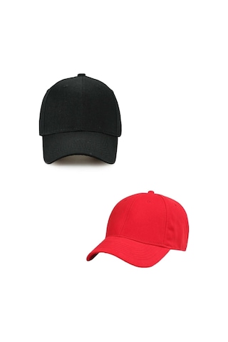 Unisex Ayarlanabilir Spor Siyah-kırmızı Basic Kep Şapka 2'li Set Siyah - Kırmızı
