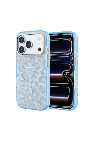 Apple iPhone Uyumlu 18 Pro Max Kılıf Guess Lisanslı M-safeli Üçgen Logolu Simli Leopar Desenli Kapak Mavi