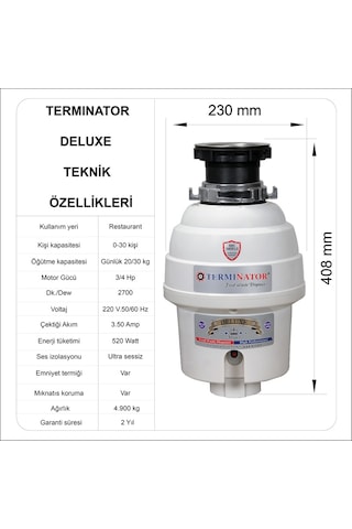 Terminator Delüxe Çöp Öğütücü. Pnomatik Düğmeli. Montaj Dahil
