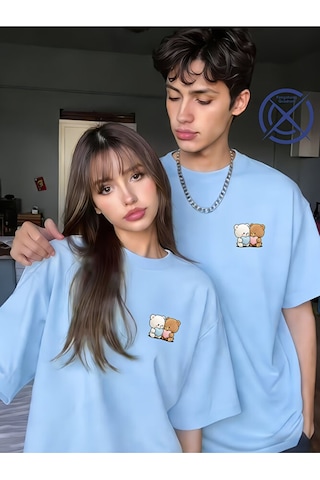 Nevermind Sevgili Kombini Tişört 2 Li Set Ayıcık Baskılı Unisex Çift Tişört Mavi