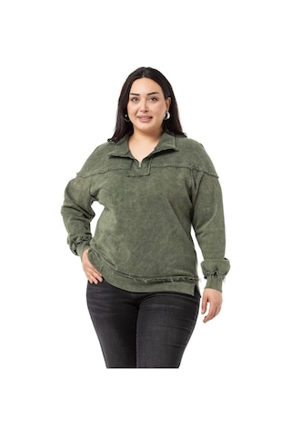 Büyük Beden Pis Dikişli Fermuarlı Yırtmaçlı Parça Boyalı Haki Sweatshirt-haki Haki