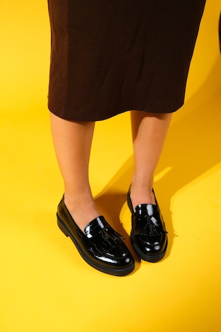 Milina Siyah Rugan Püsküllü Hakiki Deri Kadın Loafer Ayakkabı Siyah