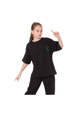İrem Çocuk Giyim Kız Çocuk Önü Kalp Sırtı What Yazılı Siyah Oversize Tişört Siyah