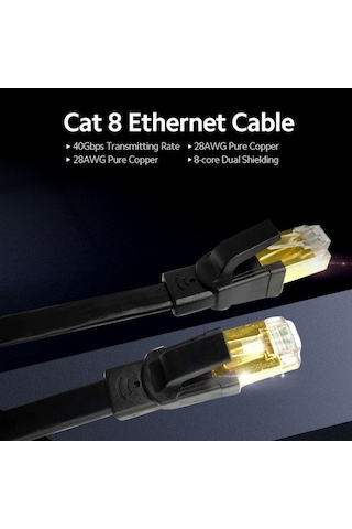 Pazly 40gbps Cat8 Ethernet Kablosu, 2000mhz, 8 Çekirdek, Alüminyum Folyo, Siyah, Dayanıklı Veri Transferi Kablo