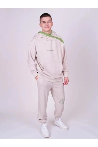 Çocuk 2 İplik Kumaş Pamuklu Sırtı Yazı Detaylı Kapüşonlu Tasarım Sweatshirt-13541 Bej