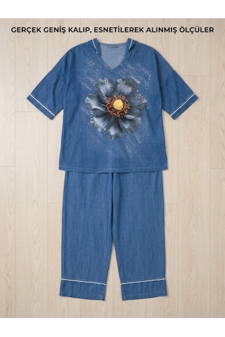Büyük Beden Denim Kapüşonlu Çiçek Baskılı Kısa Kollu Bol Paça Kadın Alt Üst Takım Mavi