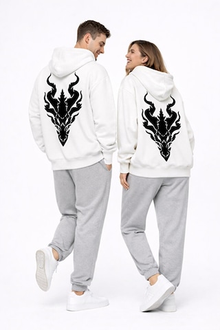 Nevermind Unisex Ejderha Baskılı Beyaz Sevgili Kombini Oversize Hoodie Seti