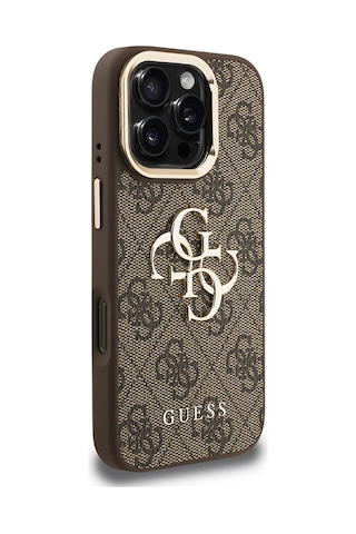 Apple Uyumlu iPhone 16 Pro Kılıf Guess Lisanslı Metal 4g Ve Yazı Logolu Kamera Standlı Kapak Kahverengi