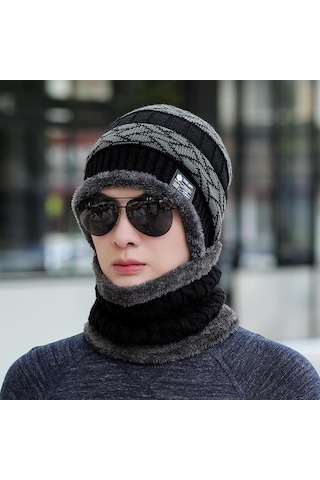 Kışlık Erkek Trend Örgü Şapka Ve Boyunluk Seti Siyah