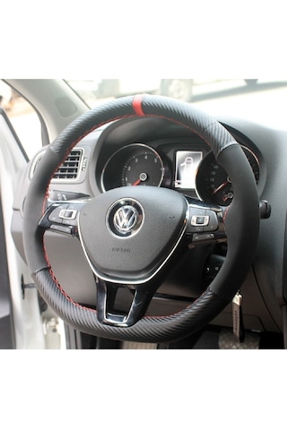 Vw Polo 2004> Dikmeli Direksiyon Kılıfı alkantara karbon Kırmızı