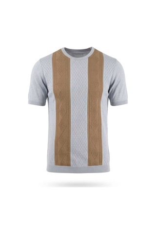Jakarlı Pamuklu Desenli Triko Tshirt Mavi