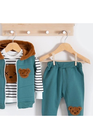 3-18 Ay Erkek Bebek Takımı Peluş Ayıcık Kapişon 3'lü Yeşil