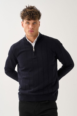 Dikey Dokuma Desenli Fermuarlı Triko Kazak Lacivert