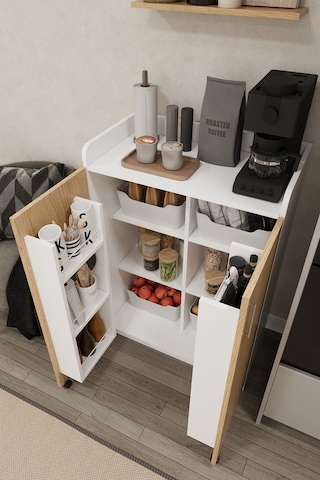 Asra Trend MK-09 %100 MDF 80x102 cm Çok Amaçlı Mutfak Kiler Dolabı Kapak İçi Raflı Kahve Köşesi Beyaz Karina