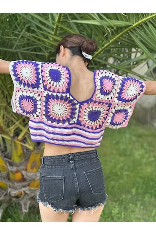 Gönülden Tasarım El Örgüsü Etnik Kadın Crop Bluz Mor