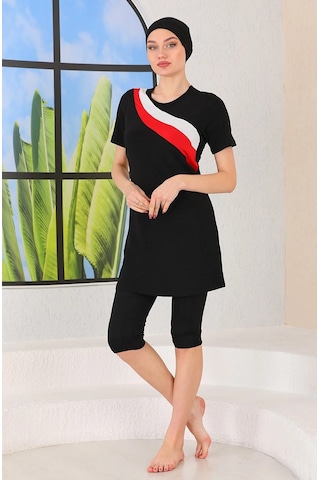 Aslınur Tesettür Mayo Likralı Çabuk Kuruyan Kısakol Beyaz-Kırmızı Siyah