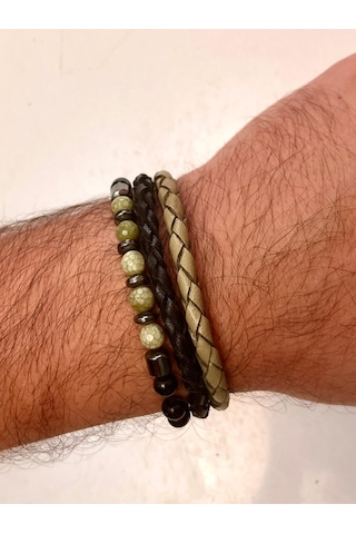 %100 Deri&hematit Kombinli 3lü Erkek Bileklik Set 21 Cm Türk El