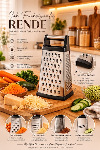 Porsima Lm-4023 Razzo 4 Fonksiyonlu Paslanmaz Çelik Rende İnce, Orta, Parmak Ve Dilimleme Yüzeyli Silikon Tabanlı Metal Rende-20 Cm Inox
