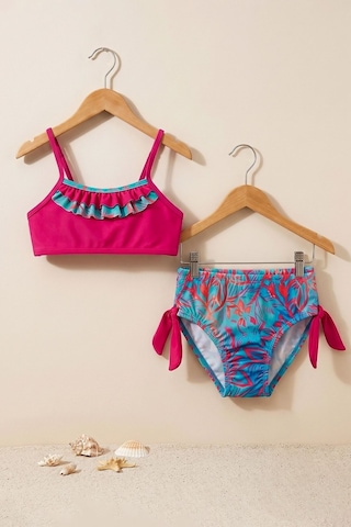 Zuzunga Kız Çocuk Renkli Tropik Desen Bikini Takımı Fuşya-mavi