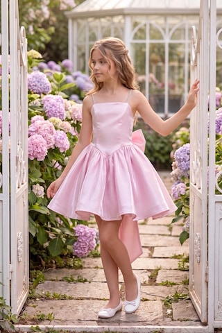 Butik Happy Kids Kız Çocuk Abiye Pembe Monoray Parlak Kumaş Taş Askılı Fiyonklu Kalarık Prenses Abiye Elbise 9-12 Yaş Mezuniyet Düğün Davet Elbisesi