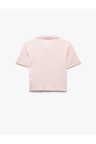 Koton Viskon Kumaş Karışımlı Pötikare Fermuarlı Kısa Kollu Crop Polo Yaka Tişört Pembe Çizgili 5sak50007ek Pembe Çizgili Pembe