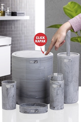 Okyanus Home Yuvarlak Mermer Desenli 5'Li Banyo Seti OKY-513 Gri